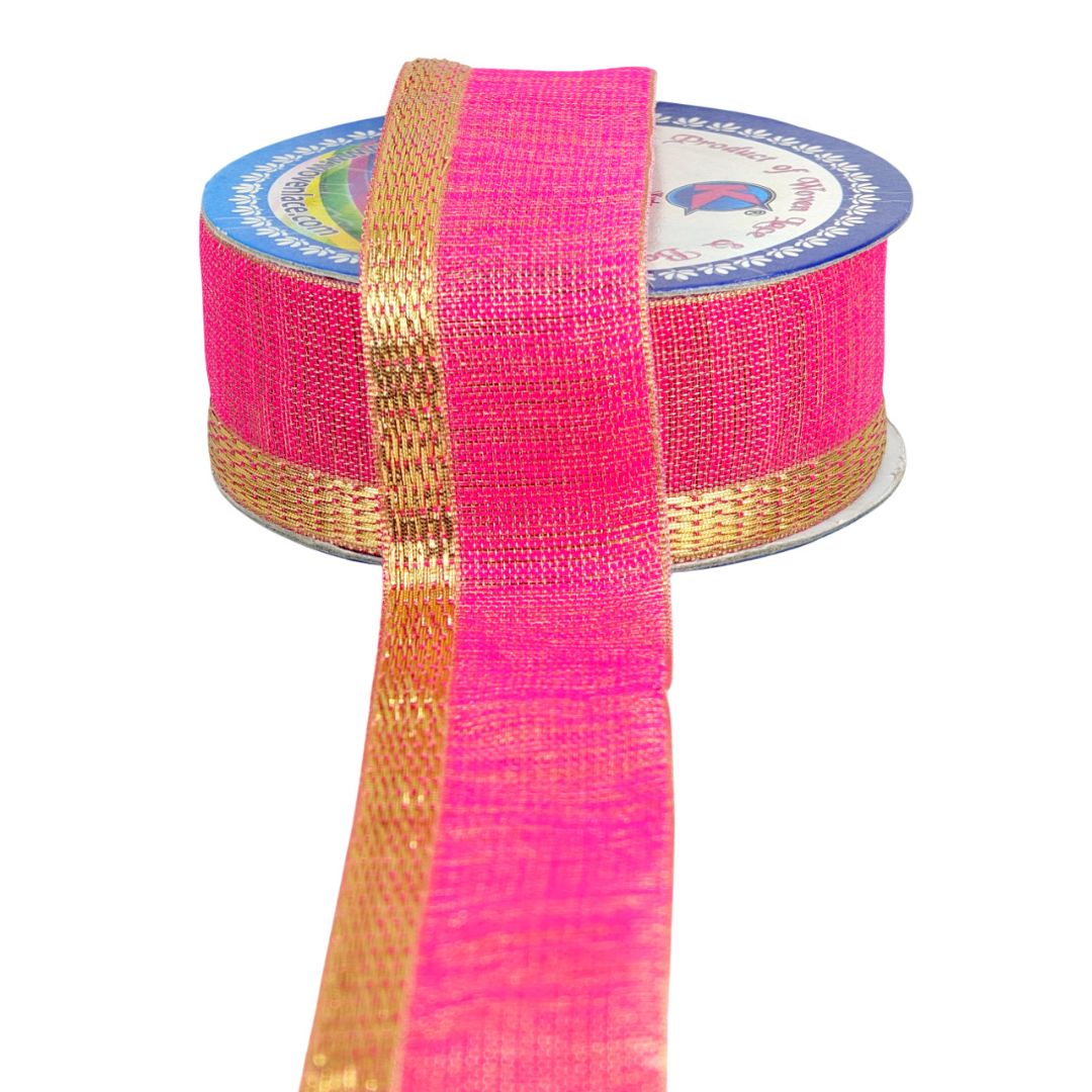 Roll of pink and gold mesh ribbon on a white background