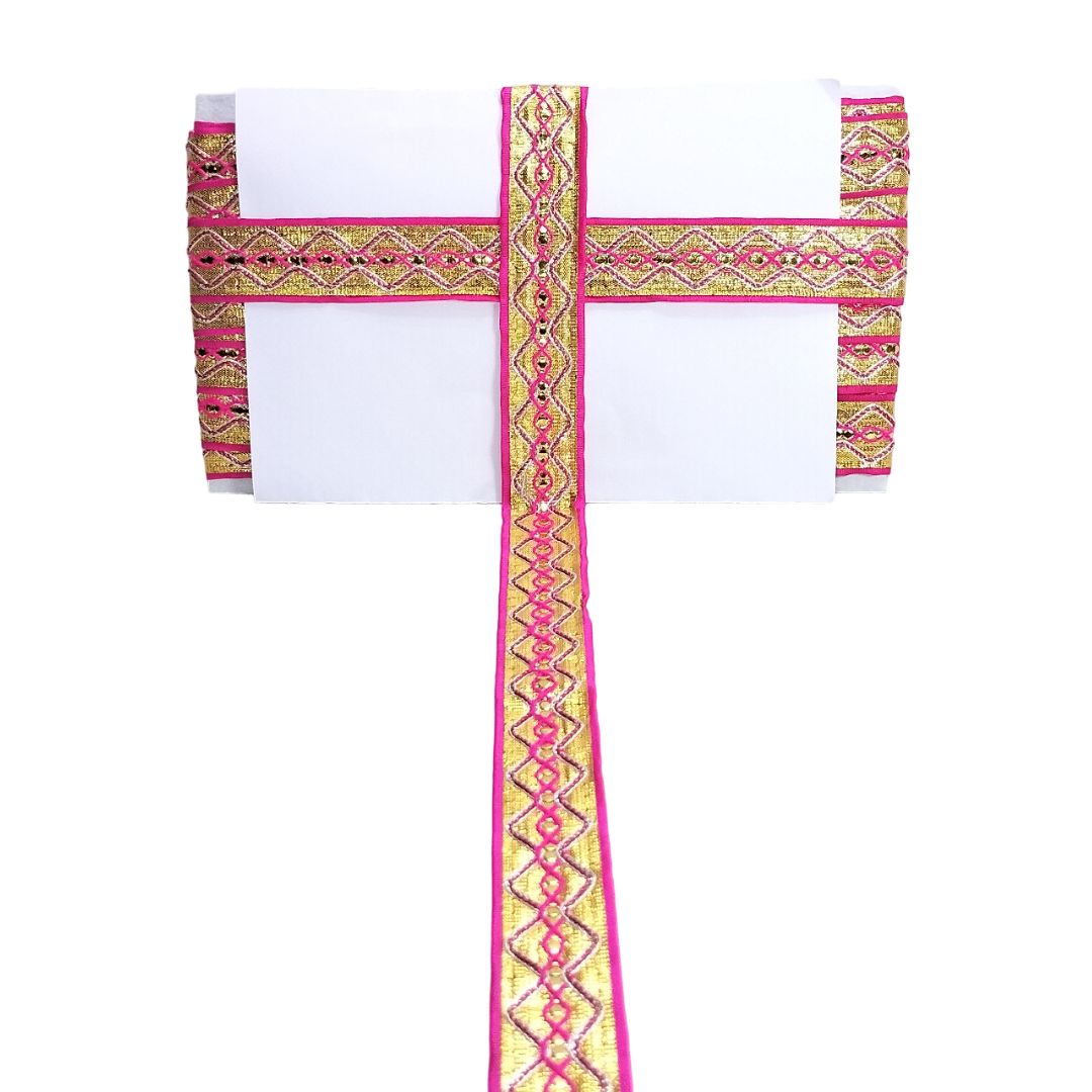 Traditional outfit with pink and yellow embroidery on a white background