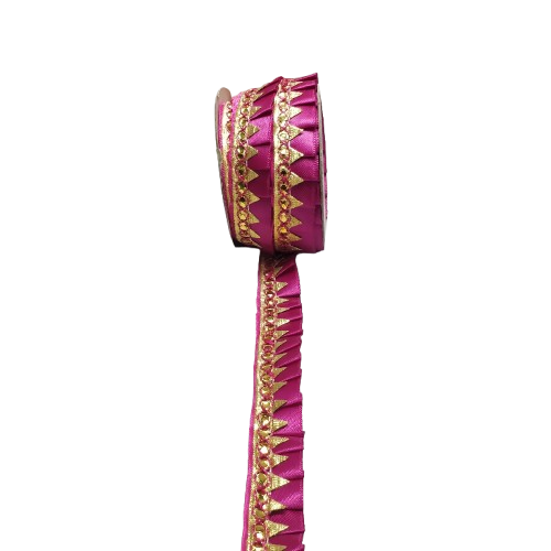 Hot Pink Satin Golden Samosa Lace border Saree Dress Only At Woven Lace & Border Reatilers and Manufactures In Surat