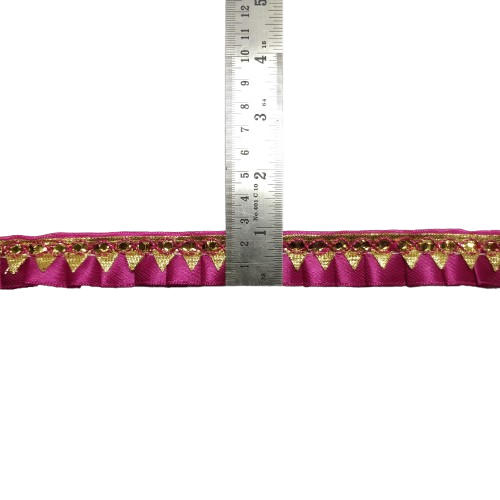 Hot Pink Satin Golden Samosa Lace border Saree Dress Only At Woven Lace & Border Reatilers and Manufactures In Surat