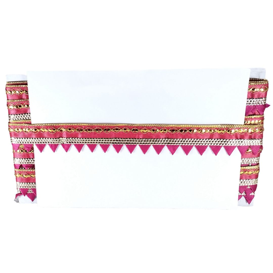 Decorative pink and gold waist belt with triangular patterns on a white background