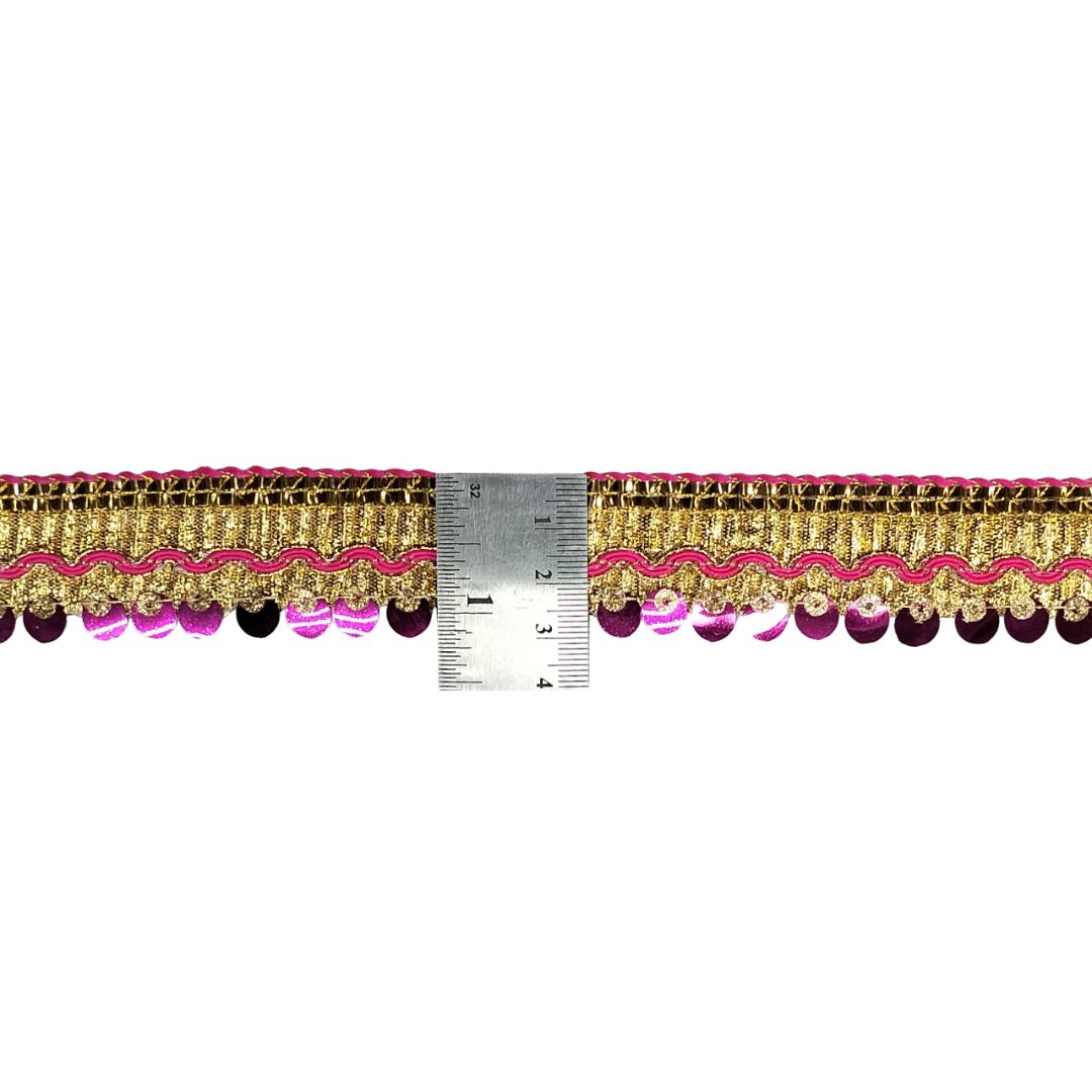Decorative trim with gold and pink pattern on a white background