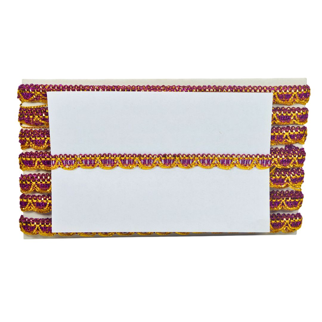 Decorative card holder with purple and gold trim on a white background