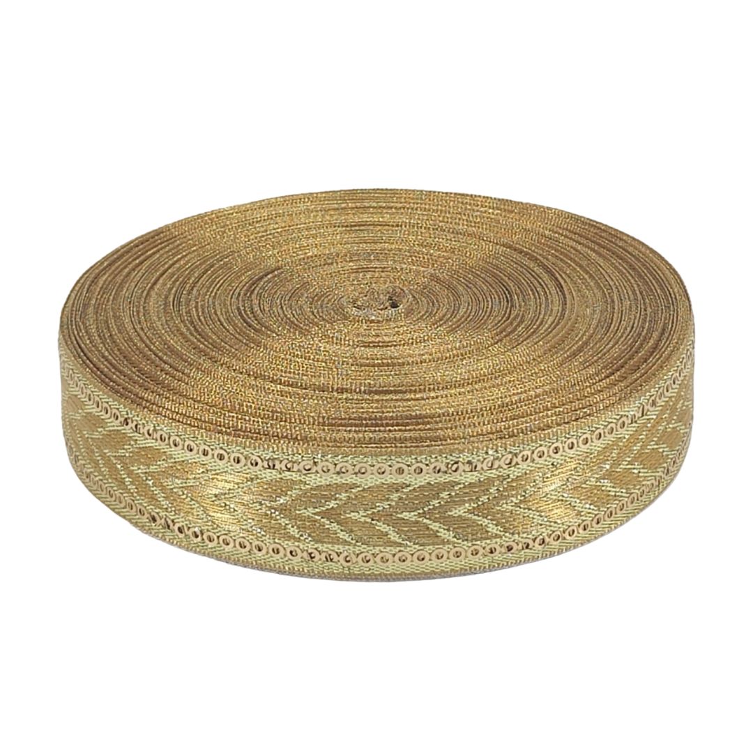 Roll of beige ribbon with a subtle pattern on a white background