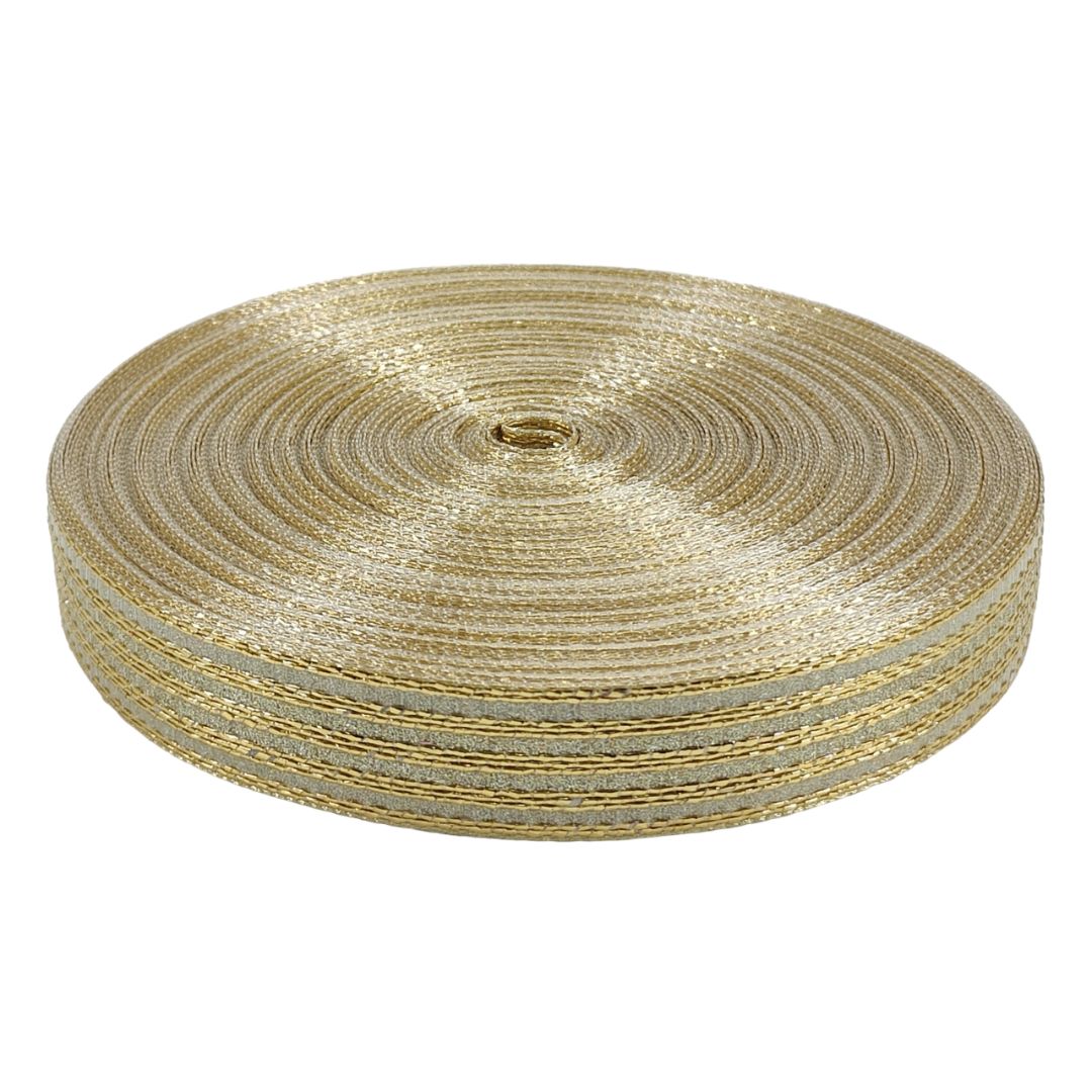 Roll of gold ribbon on a white background