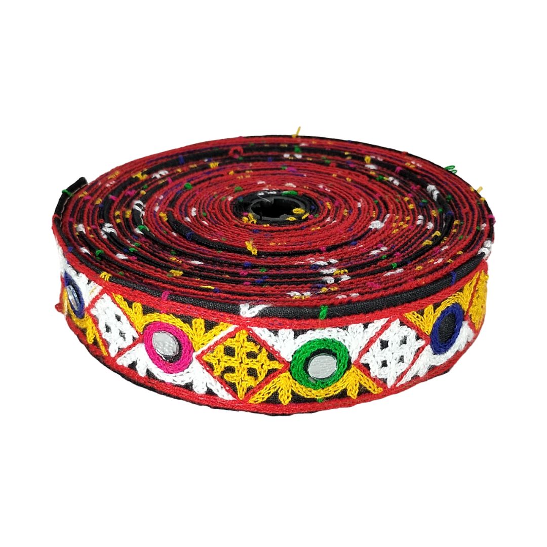 Colorful embroidered fabric strip on a white background