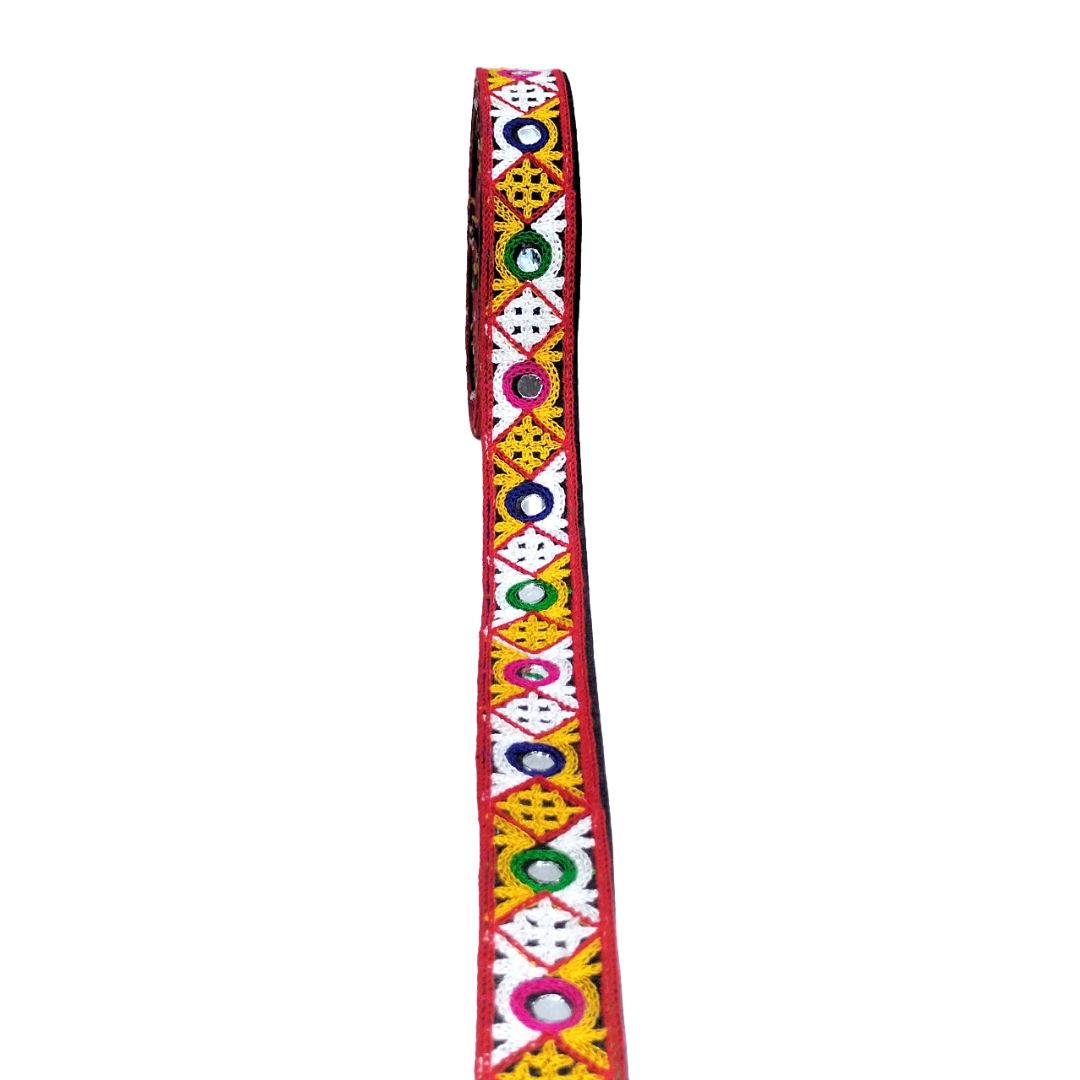 Colorful belt with intricate patterns on a white background