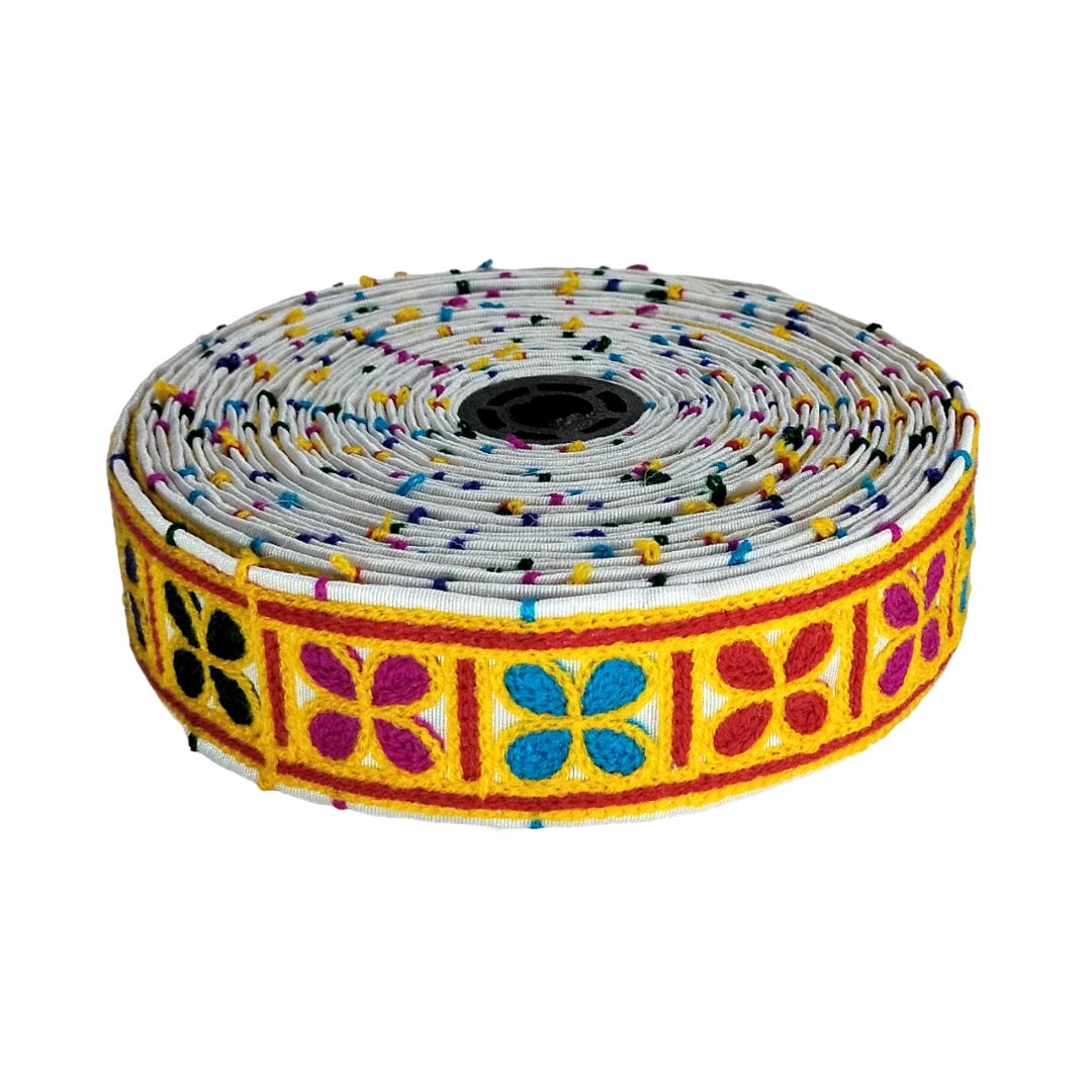 Roll of colorful fabric with floral patterns on a white background