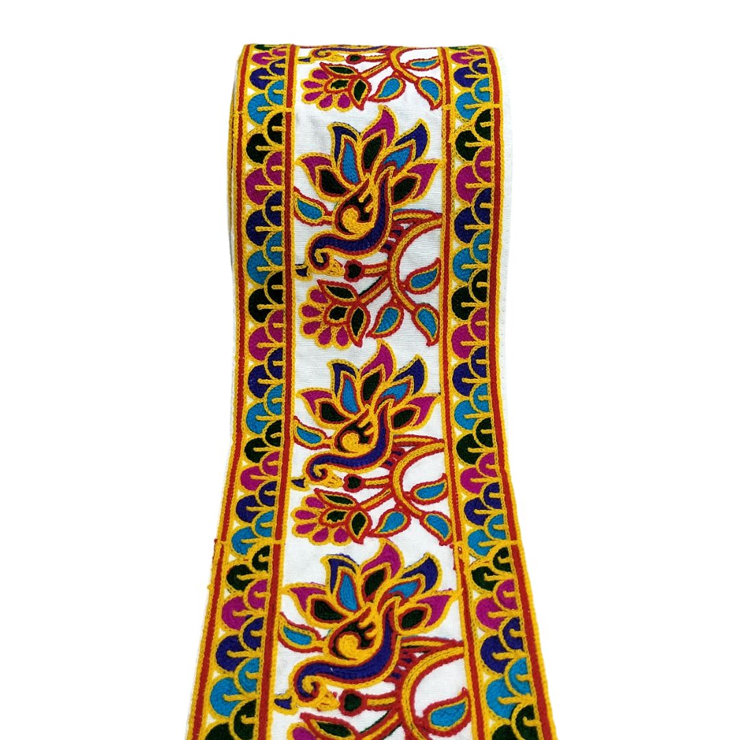 Decorative ribbon with colorful floral patterns on a white background