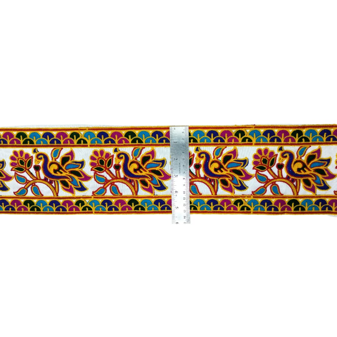 Decorative border with colorful floral and bird pattern on a white background