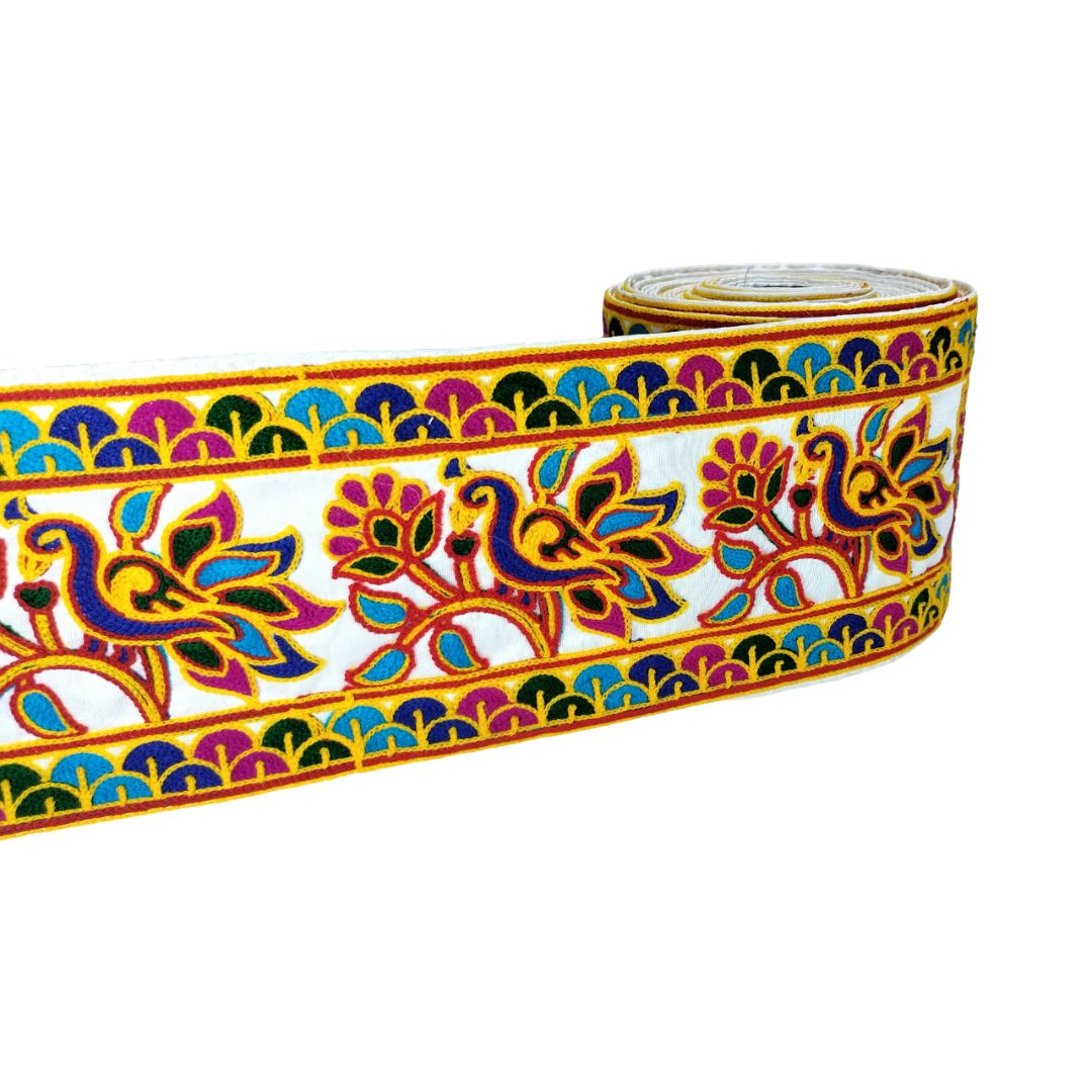 Decorative ribbon with colorful peacock design on a white background