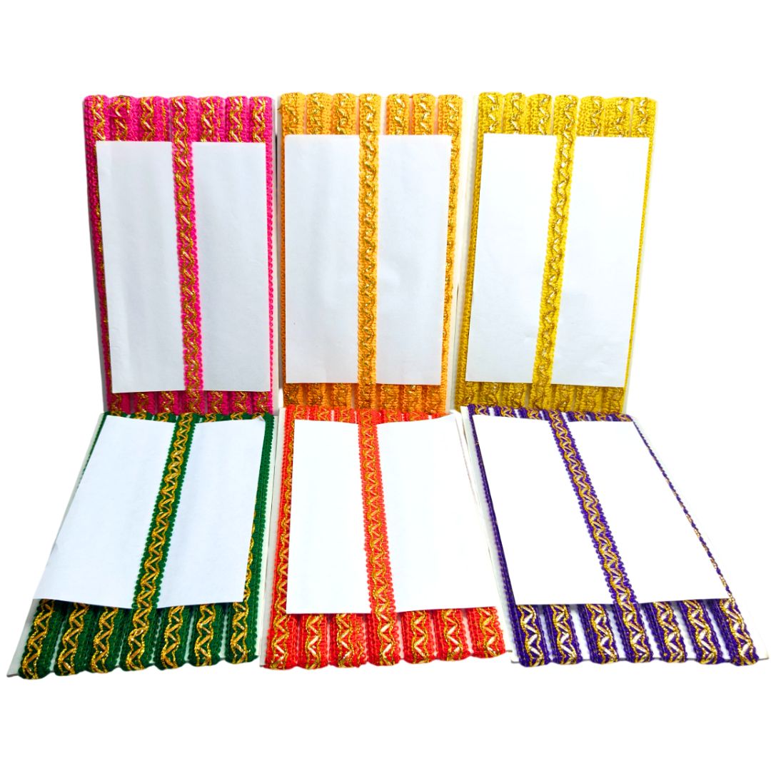 Set of six colorful fabric frames with white centers on a white background
