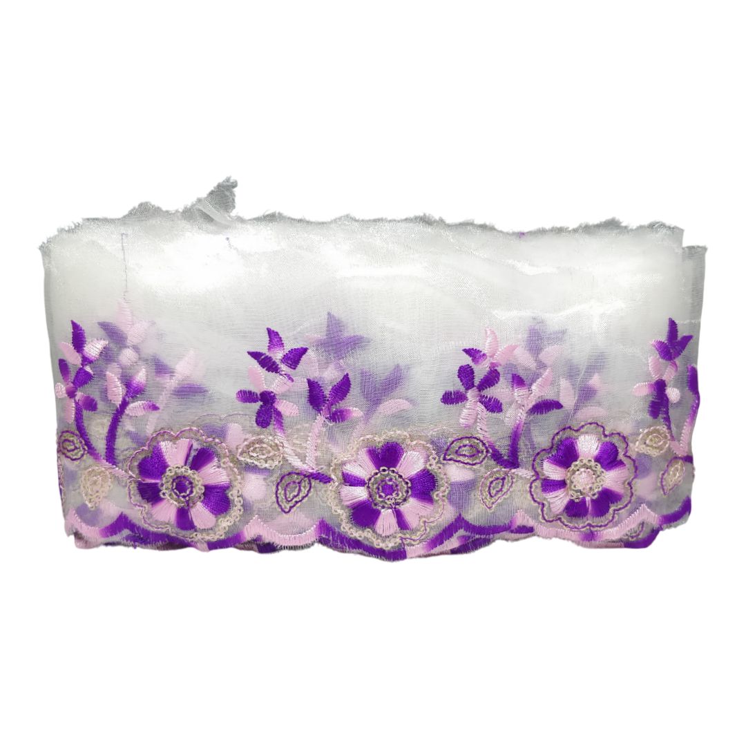 Lavender Embroidered Organza Lace Border For Gowns Decoration Only At Woven Lace & Border Reatilers and Manufactures In Surat