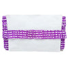 White clutch with purple beaded trim on a white background