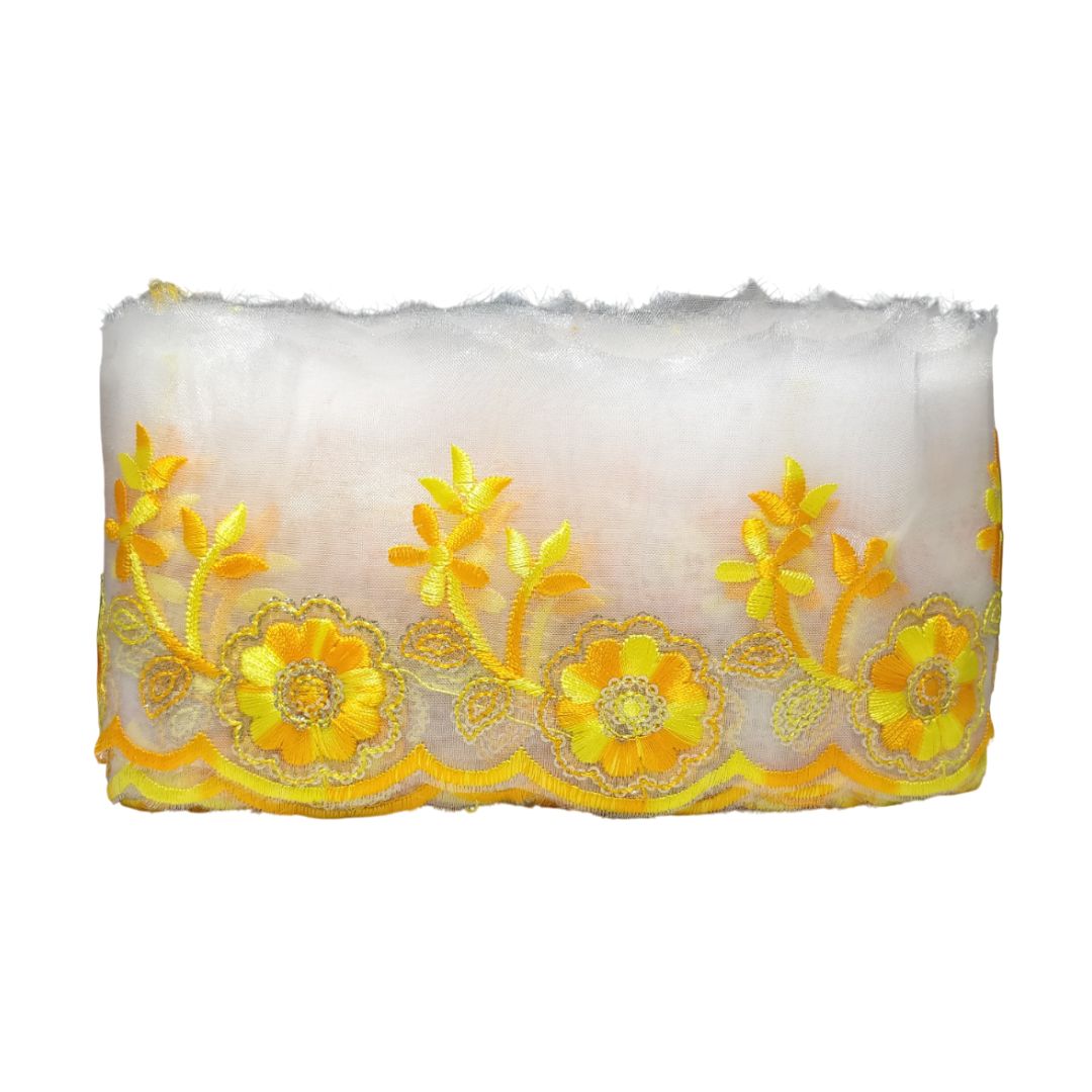 Lemon Embroidered Organza Lace Border For Gowns Decoration Only At Woven Lace & Border Reatilers and Manufactures In Surat