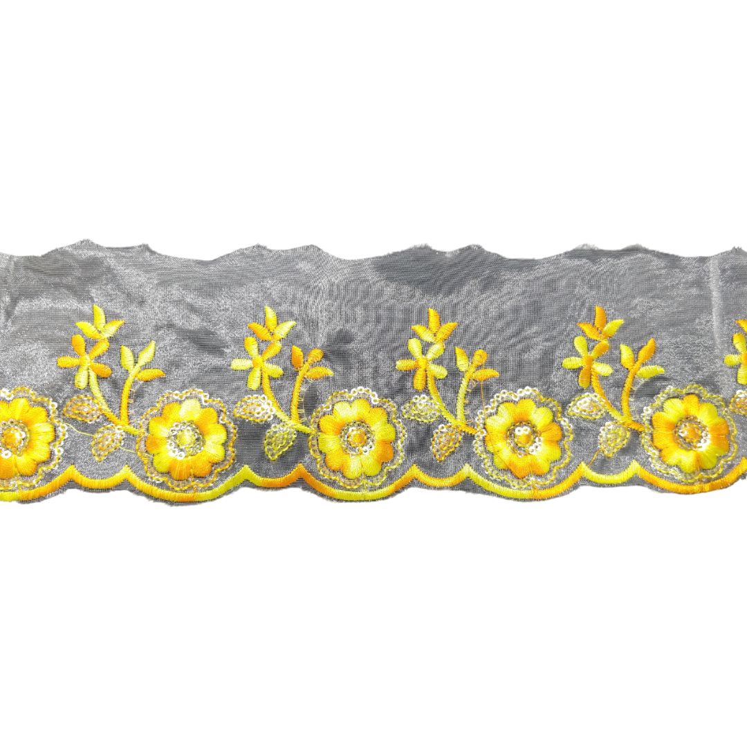 Lemon Embroidered Organza Lace Border For Gowns Decoration Only At Woven Lace & Border Reatilers and Manufactures In Surat