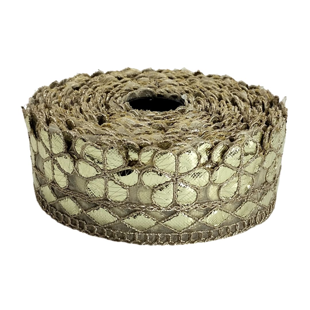 Roll of decorative ribbon with a textured pattern on a white background