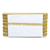 Gold and white decorative box with a white card inside on a white background