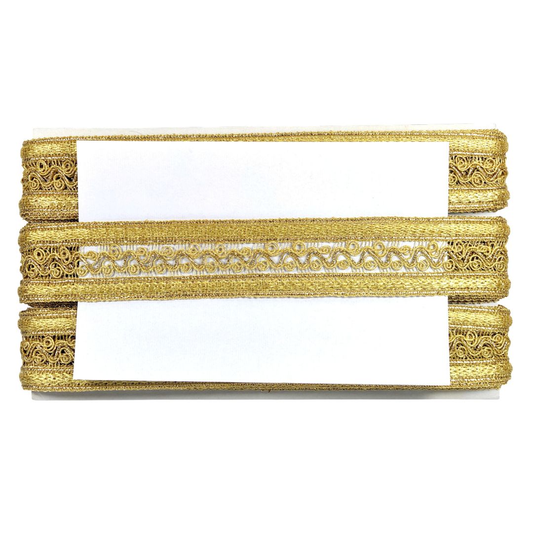 Three gold decorative ribbons with intricate patterns on a white background