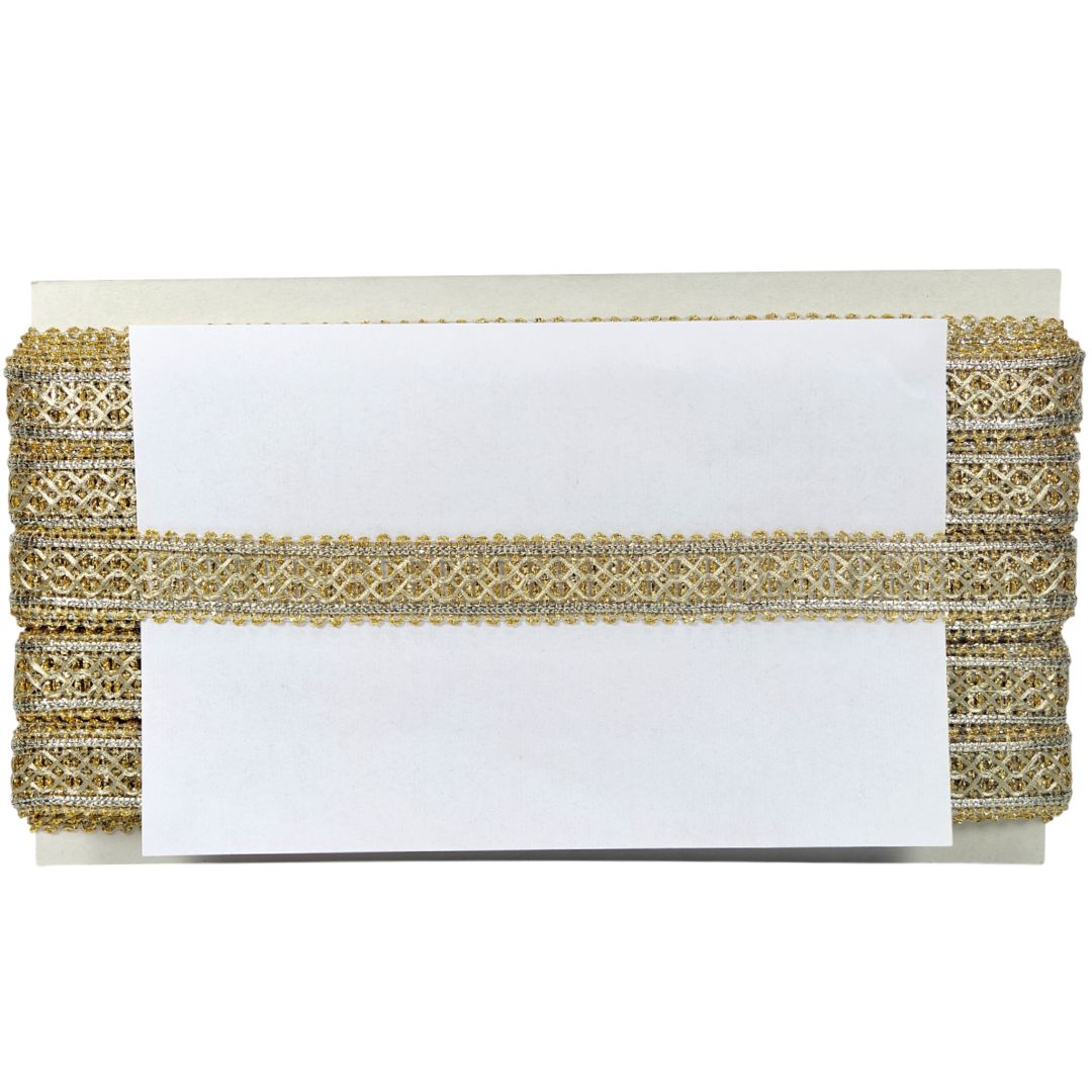White card with gold decorative border on a white background
