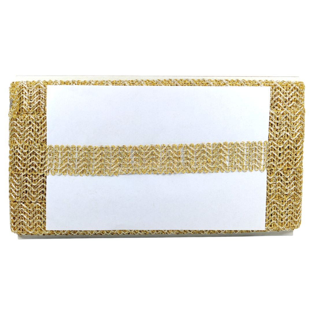 Gold woven card holder with a white card inside on a white background