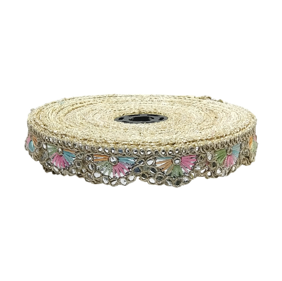 Kurlz 1 inch Exclusive Gota Patti & Thread Embroidery Pankhi Border For Dupatta, Handicrafts | Size: 9 Yards