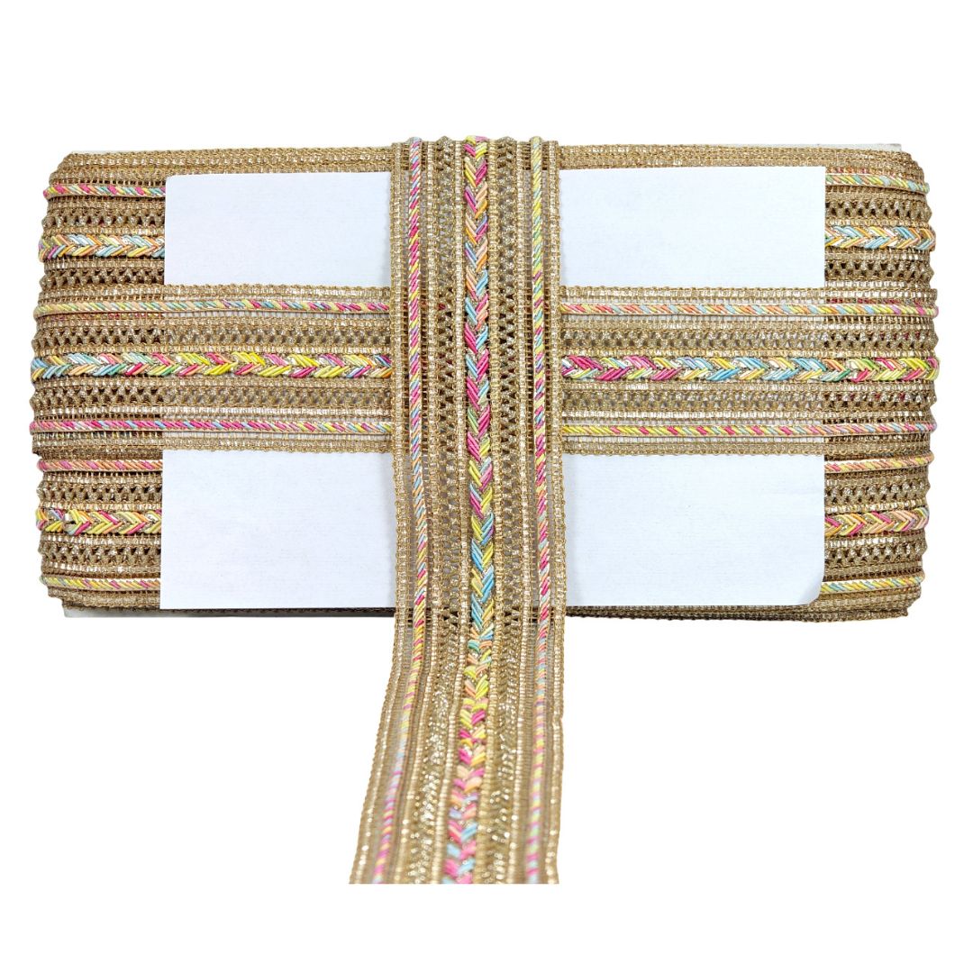 Woven clutch with colorful accents on a white background