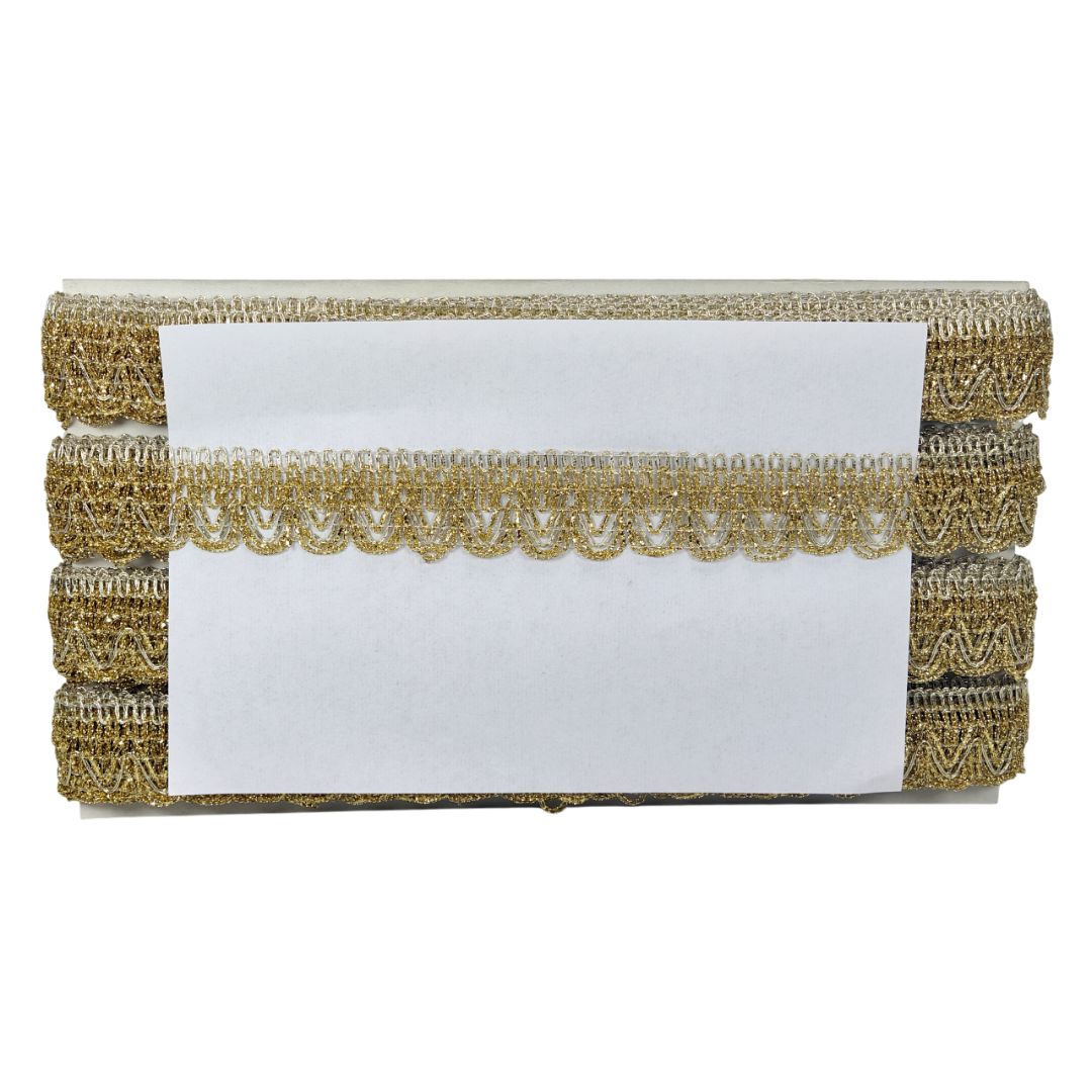 Stack of white napkins with gold lace trim on a white background