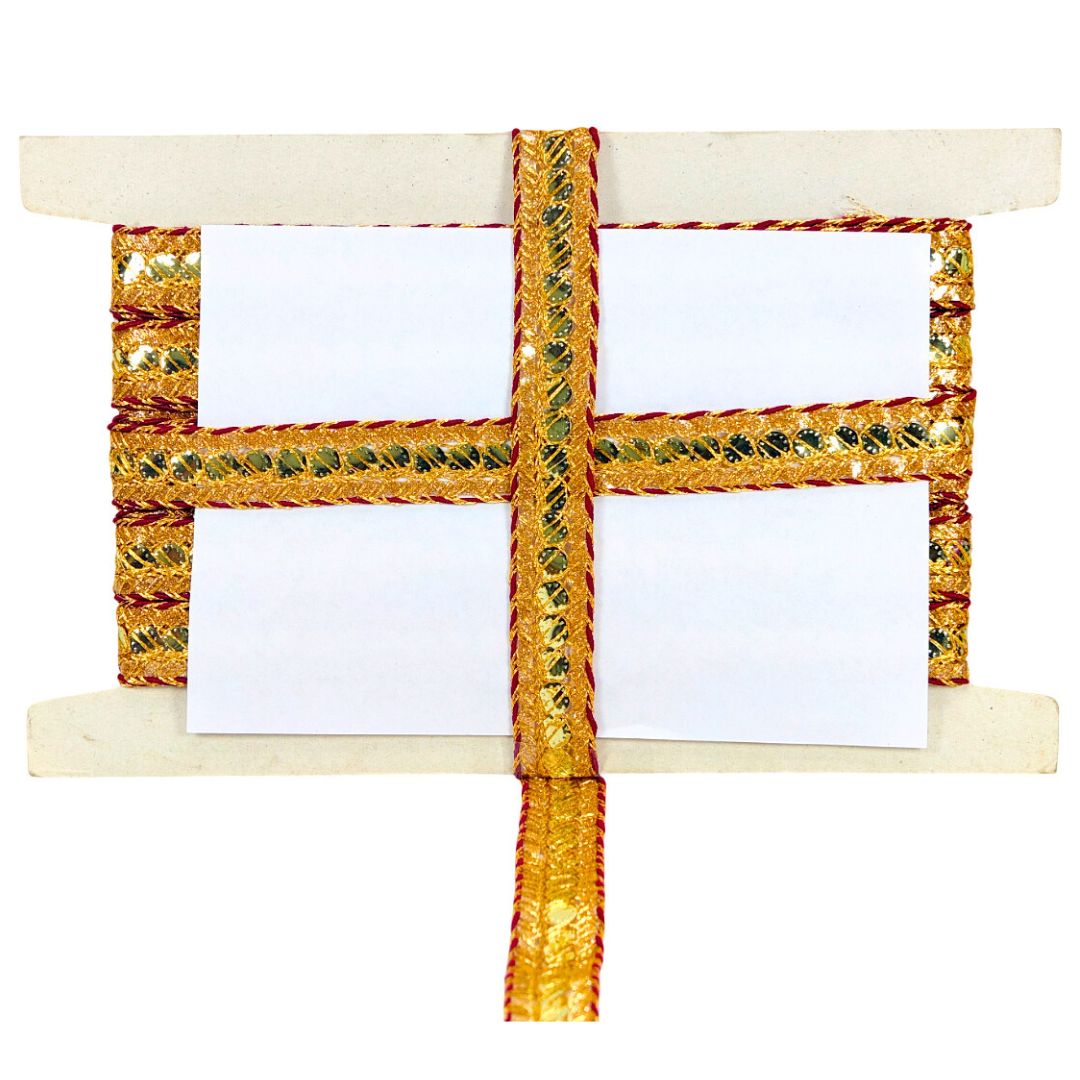 Decorative frame with gold and green ribbons on a white background