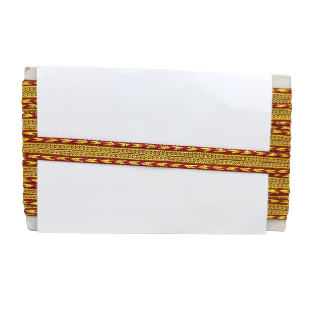 White pouch with gold and red patterned strap on a white background