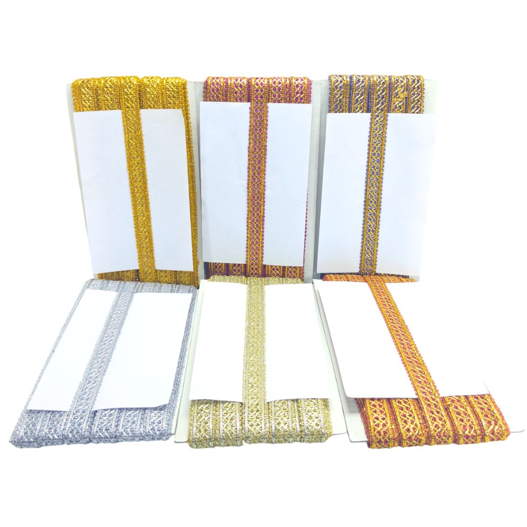 Decorative headbands with gold and purple ribbons on a white background