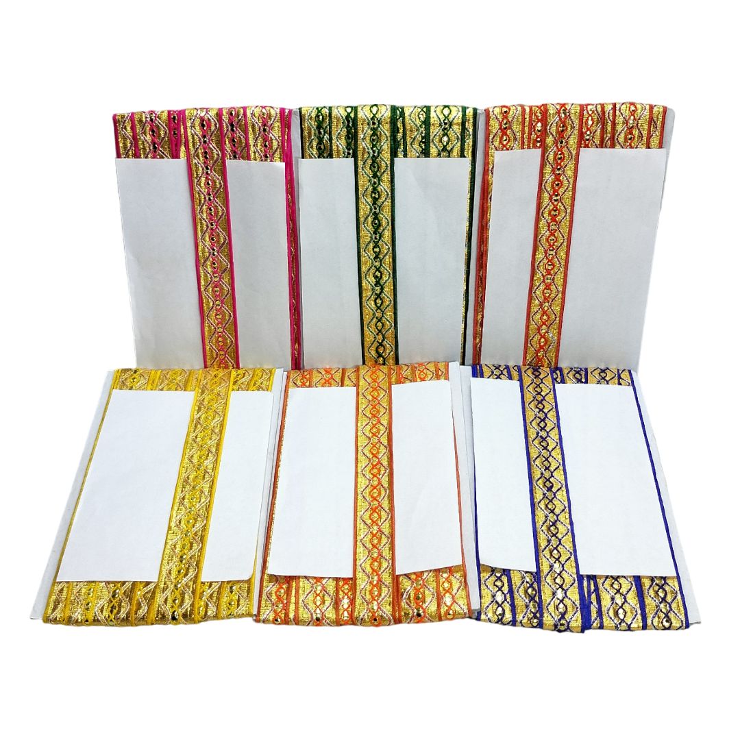 Set of four white napkins with colorful geometric patterns on a white background