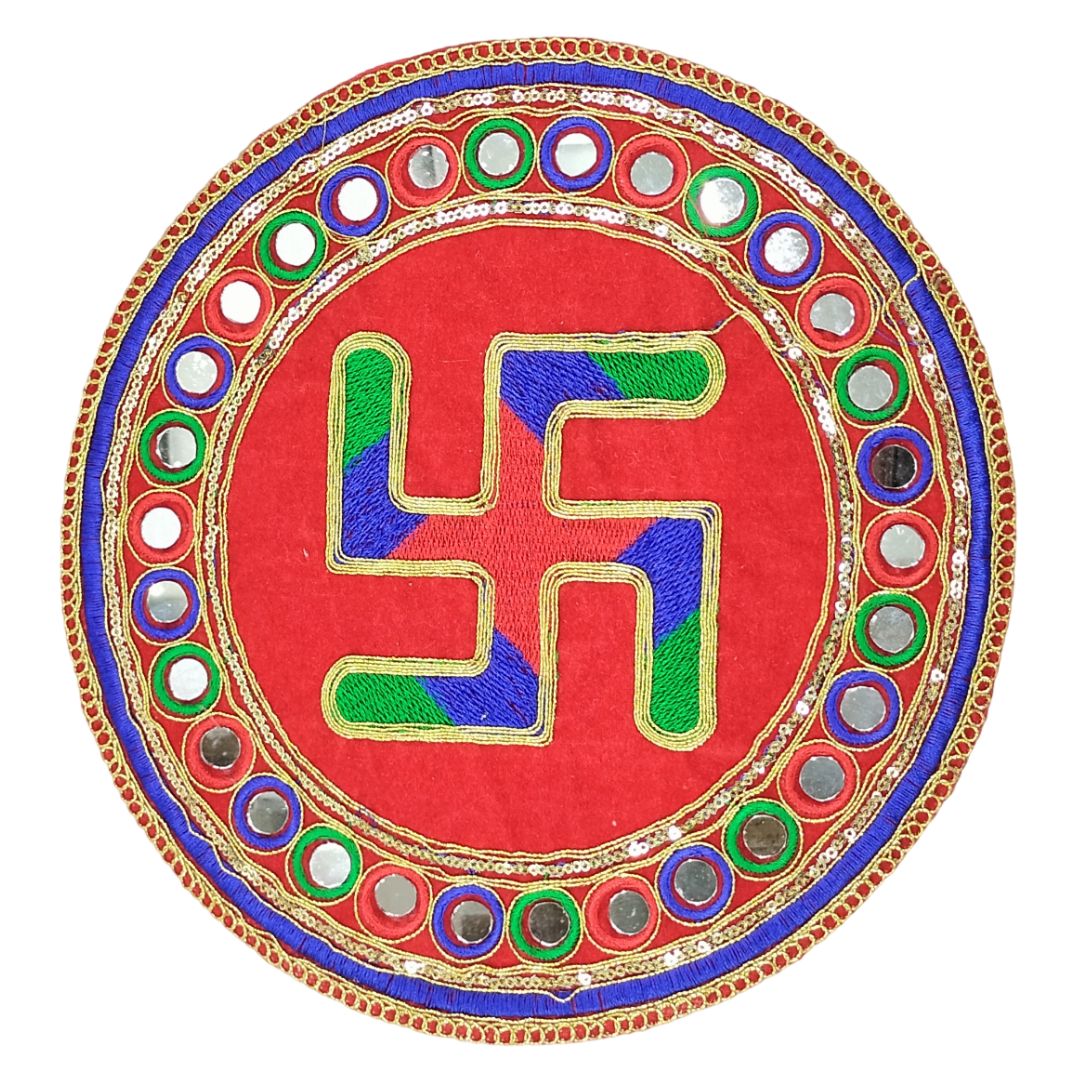 Decorative plate with a multicolored swastika symbol on a red background
