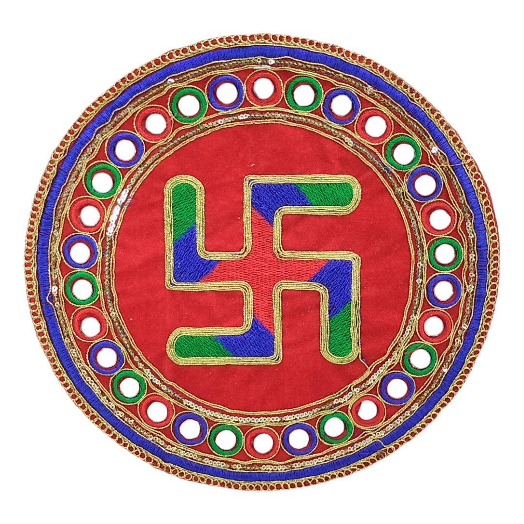 Decorative plate with a multicolored swastika symbol on a red background
