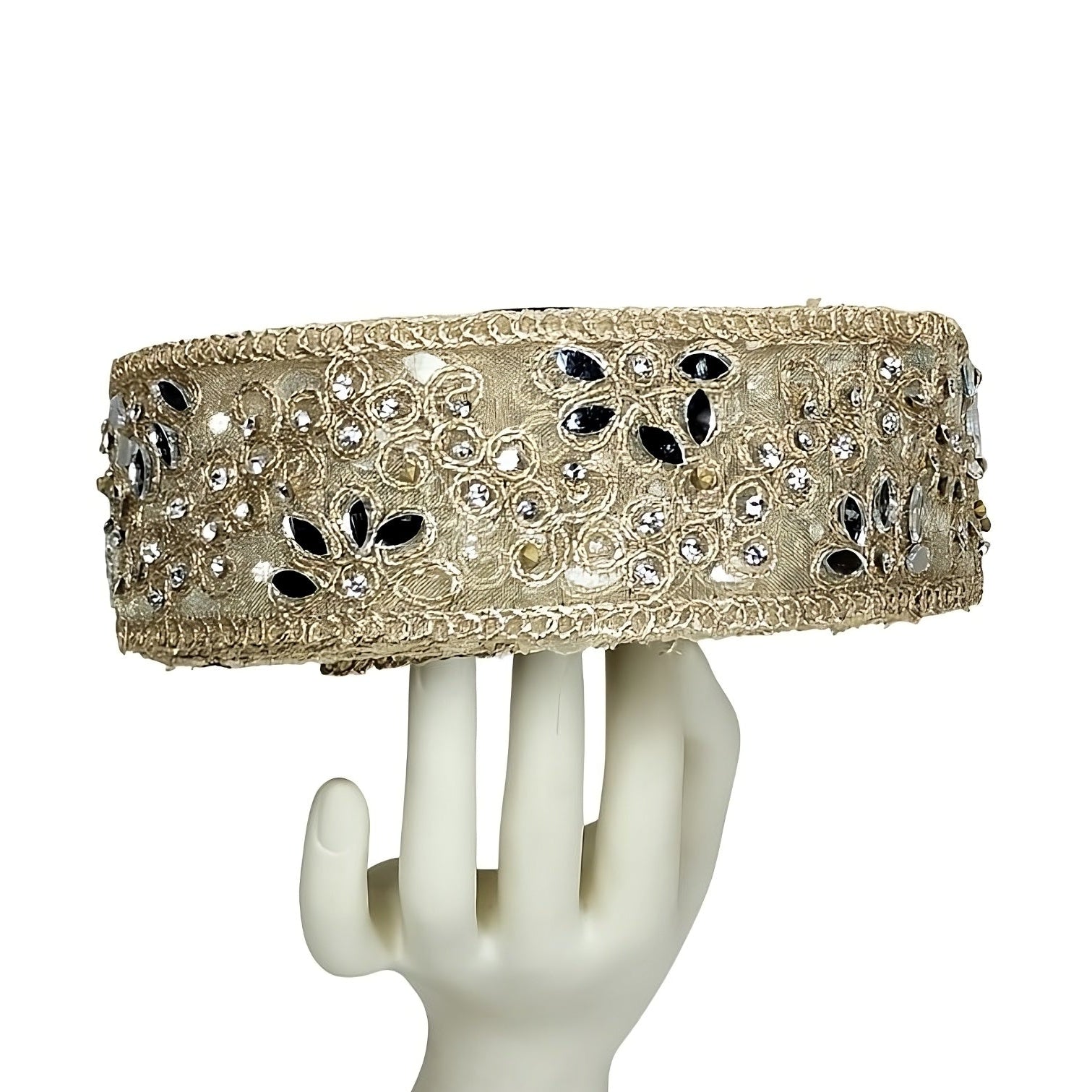 Kurlz 2 inch Exclusive Pearl Embroidery with Mirror & Zarkan/Zircon Handwork Border for Wedding Dupatta, Evening Gown, Sherwani Stoles | Size: 9 yards