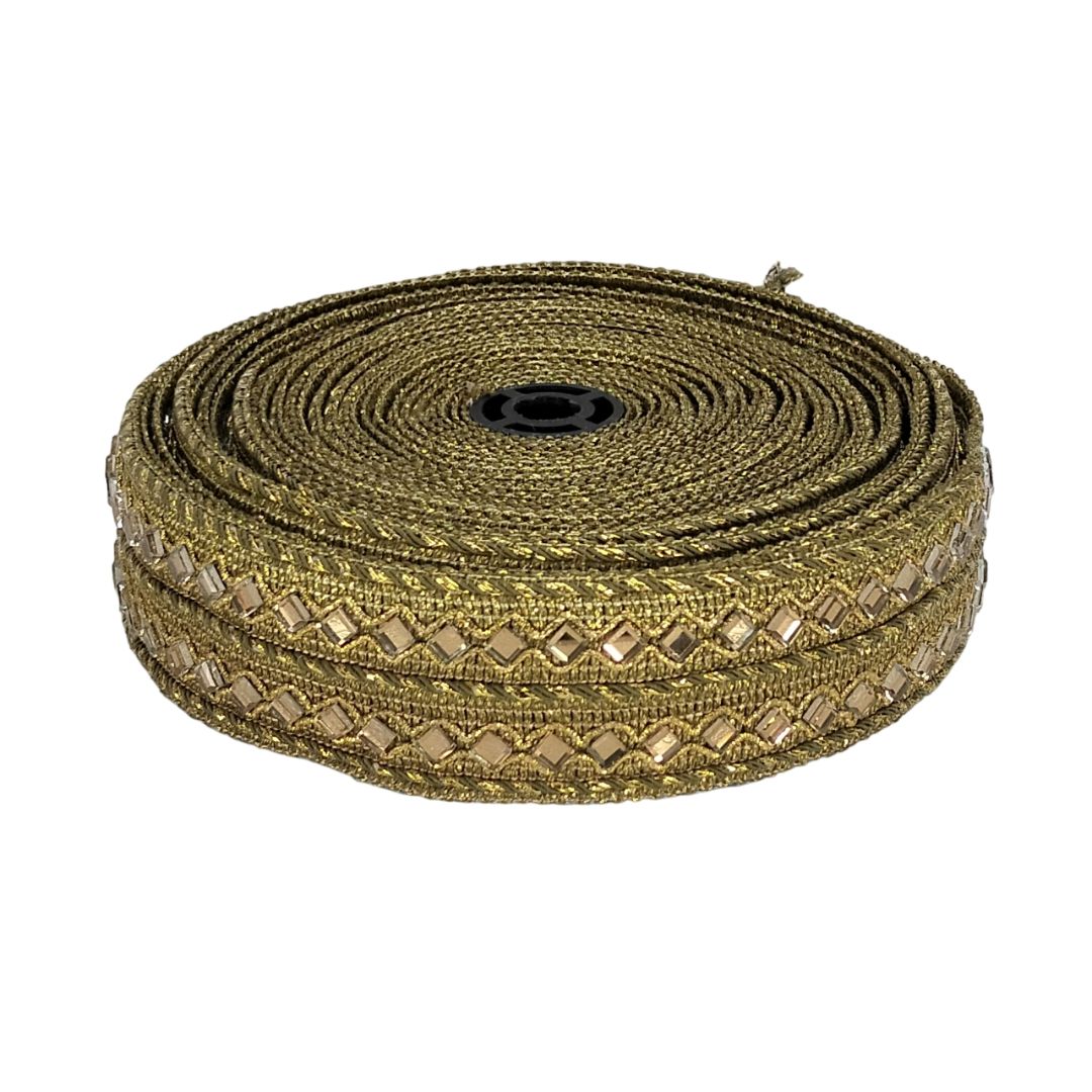 Roll of decorative ribbon with a geometric pattern on a white background