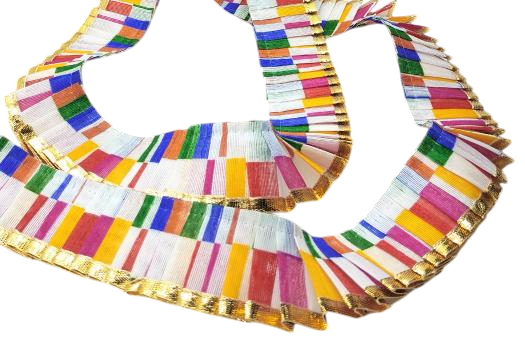 Colorful striped fabric with gold trim on a white background
