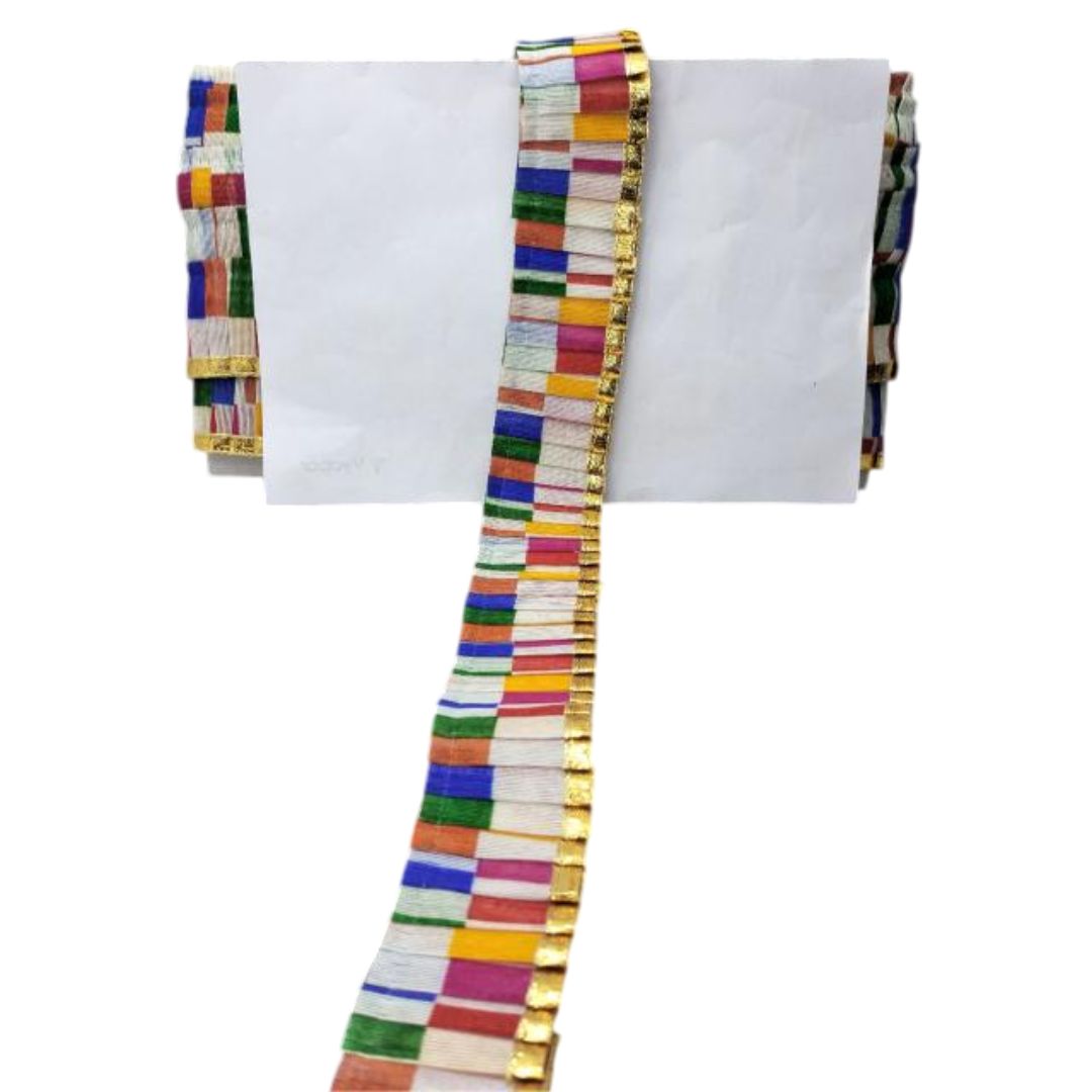 Colorful striped belt with gold trim on a white background
