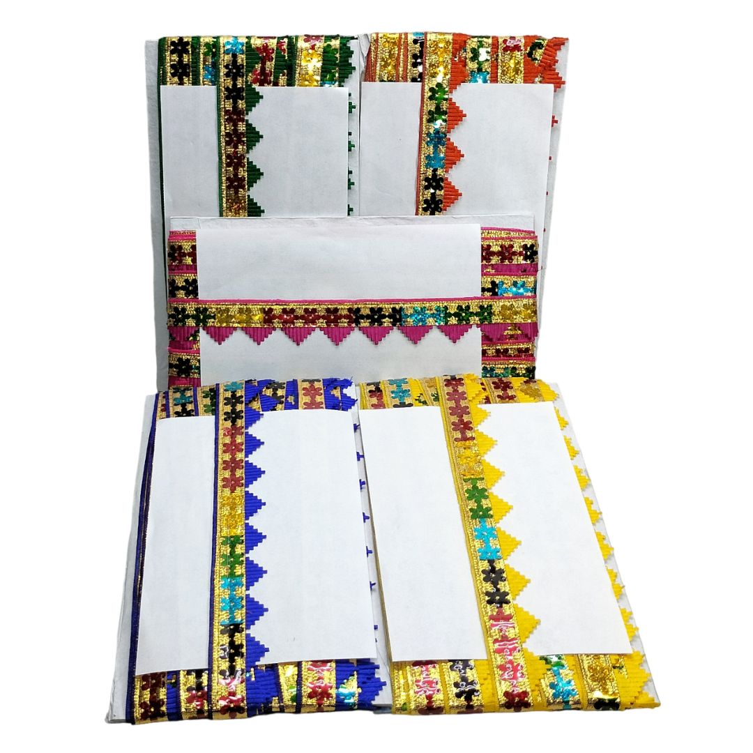 Colorful embroidered fabric with geometric patterns on a white background