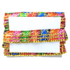 Colorful fabric with a pattern of small squares in various colors on a white background