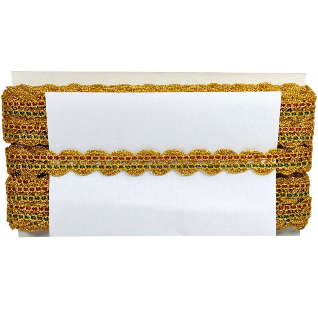 Decorative trim with gold and green pattern on a white background