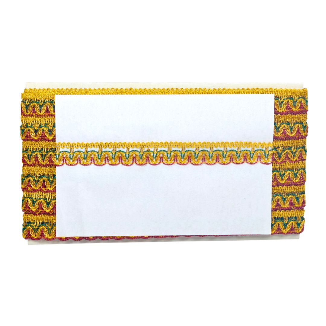 Rectangular white board with colorful decorative border on a white background