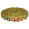 Decorative ribbon with colorful circular patterns on a white background