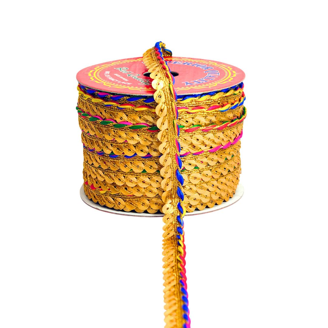 Spool of colorful sequin ribbon with a pink lid on a white background