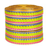 Stack of colorful woven fabric rolls on a white background