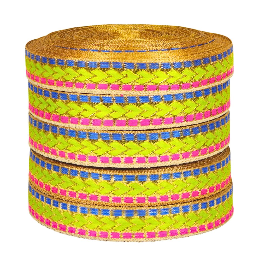 Stack of colorful woven fabric rolls on a white background