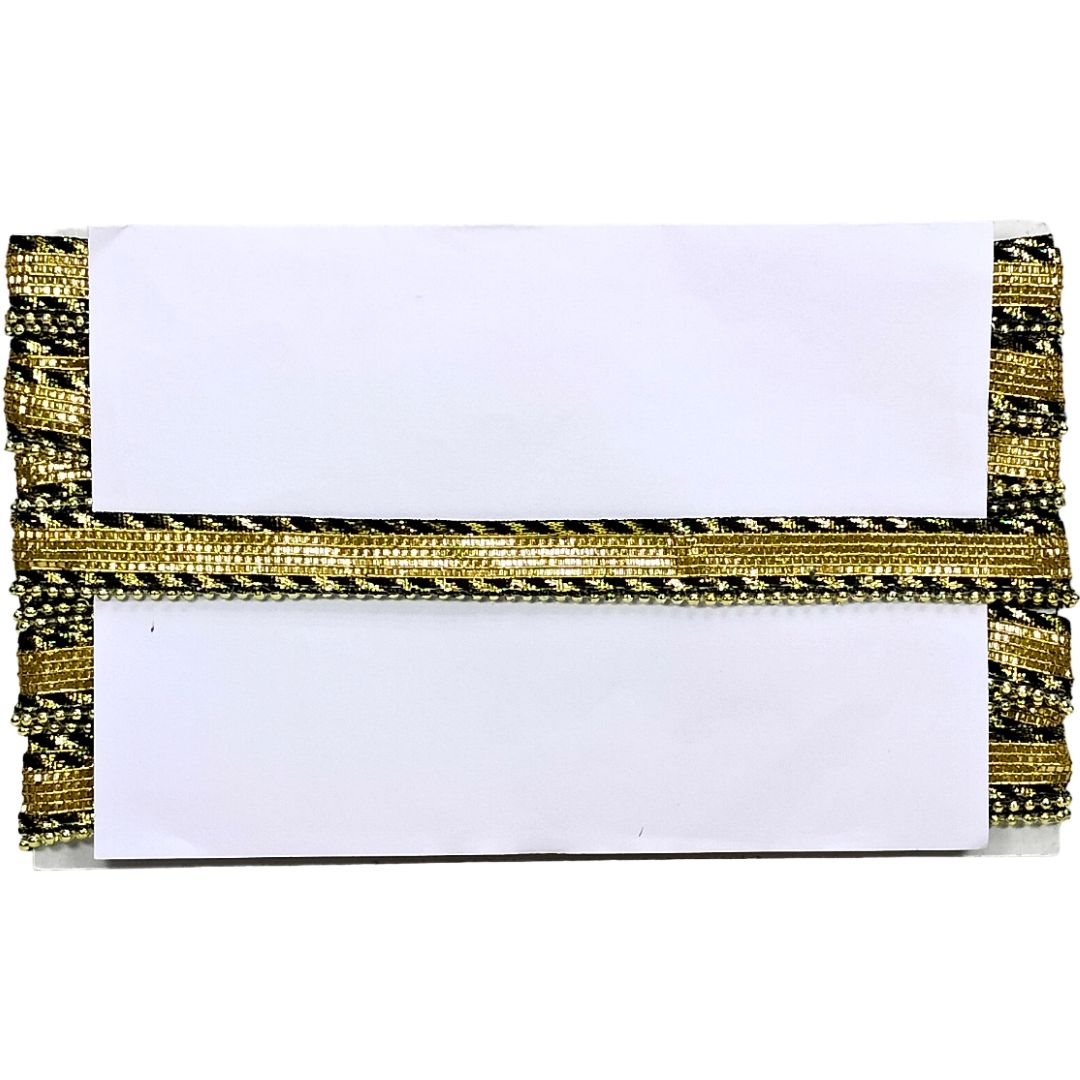 Gold and black decorative ribbon on a white background