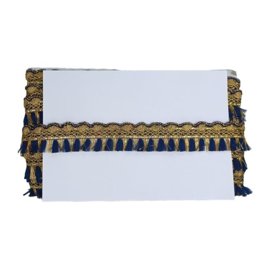 Clutch bag with gold and navy fringe on a white background