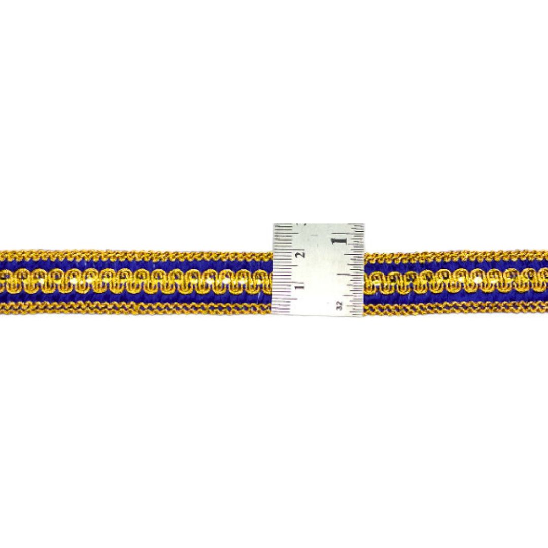 Gold and blue braided belt with a measuring scale on a white background