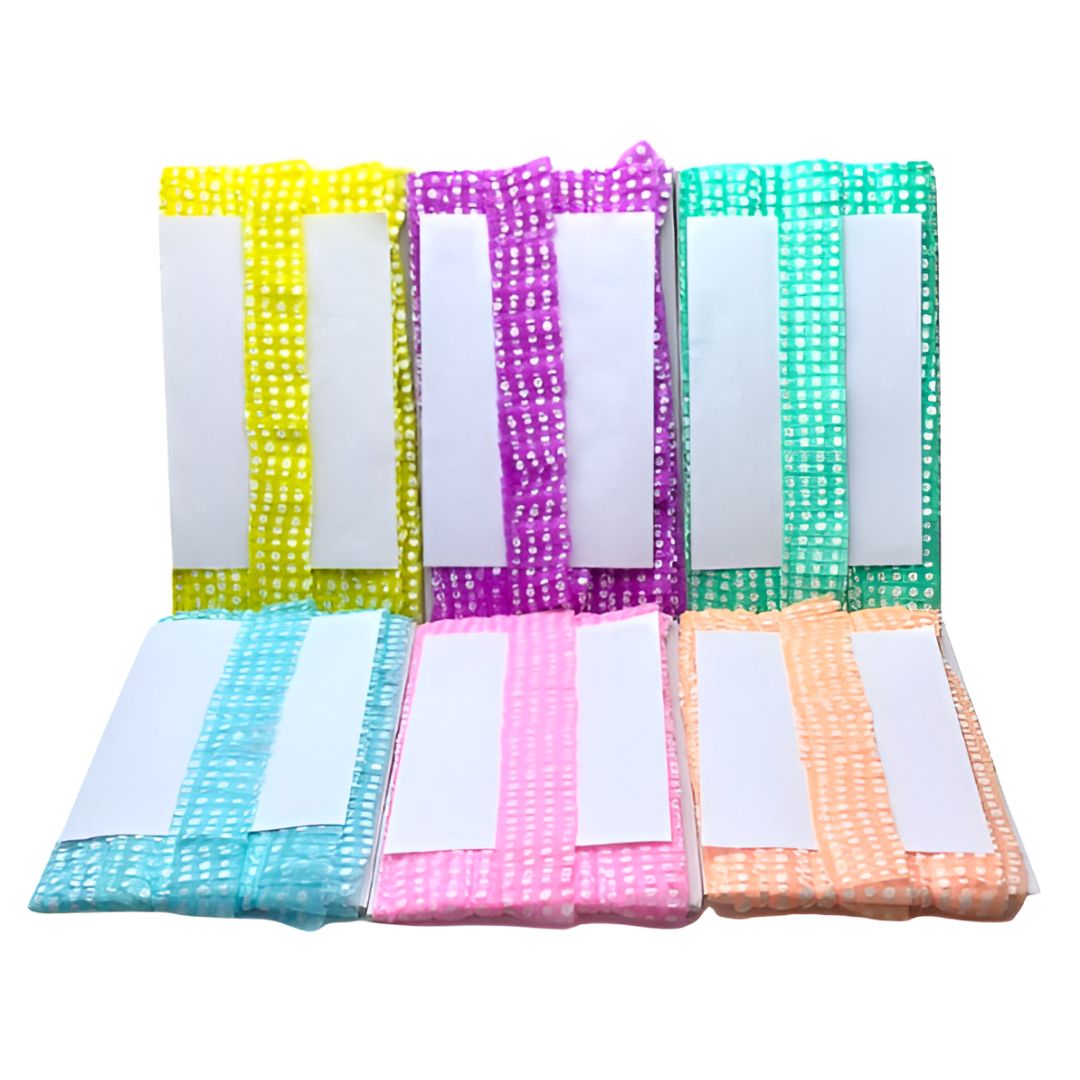 Set of colorful mesh bags with white labels on a white background